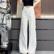 木清清破洞白色高腰微喇牛仔褲女2025早秋新款設計感寬松顯瘦闊腿長(cháng)褲子 白色 常規 XS