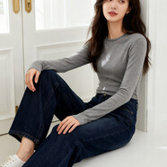 Basic House/百家好經(jīng)典圓領(lǐng)長(cháng)袖針織衫2025秋季修身顯瘦氣質(zhì)上衣 花灰色 S