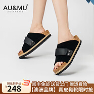 AU&MU春夏季牛皮勃肯鞋女復(fù)古魔術(shù)貼一字拖軟木厚底增高外穿沙灘涼鞋男 G986黑色-男女款【絨面牛皮】 37