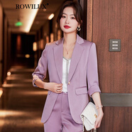 ROWILUX高端醋酸緞面西裝套裝女感七分袖夏季氣質(zhì)職業(yè)套裝杏色中袖薄西服 紫色西裝+褲子 4XL 140斤149斤