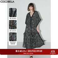 COCOBELLA波普印花7米+蕾絲鑲邊蝙蝠袖連衣裙度假大碼長(zhǎng)裙FR7040 普魯士藍(lán) L