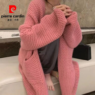 皮爾卡丹（pierre cardin）韓版純色針織開(kāi)衫慵懶風(fēng)顯瘦女裝2025春秋新款中長(cháng)款毛衣女厚外套 櫻粉色 XL