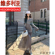 維多利亞的格調品牌純欲風(fēng)氣質(zhì)假兩件長(cháng)袖連衣裙女裝秋季網(wǎng)紗拼接包臀裙長(cháng)裙小眾 灰色 S