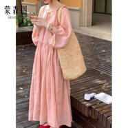 蒙森圖（MENGSENTU）秋天穿的七分袖連衣裙女休閑款粉色娃娃衫大裙擺系帶法式慵懶中長(cháng) 粉色 M