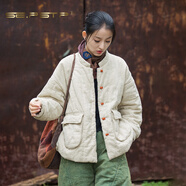 夏典素訂女王（SE.PSTP）2025冬女裝新款苧麻夾棉絎縫保暖棉服改良盤(pán)扣立領(lǐng)百搭女式短棉衣 原麻 均碼