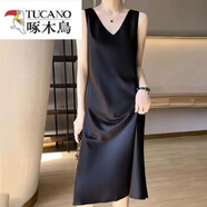 啄木鳥(niǎo)（TUCANO）高級感冰絲吊帶長(cháng)款連衣裙女春夏醋酸中長(cháng)裙內搭無(wú)袖氣質(zhì) 黑色 2XL 110-125