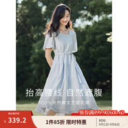 茵曼（INMAN）連衣裙高級感法式方領(lǐng)2025夏女裝新品收腰提花休閑氣質(zhì)高級感顯瘦 淺藍色 S