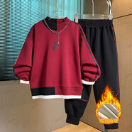 貝伊萌兒童裝男童秋冬套裝2025秋冬新款中大童男裝加絨休閑潮衛衣兩件套 安哥拉紅冬款(2795) 加絨 170 (155-165CM，100-120斤)