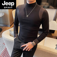 JEEP SPIRIT吉普半高領(lǐng)拼接長(cháng)袖t恤男春秋打底衫感時(shí)尚彈力修身中領(lǐng)體恤 黑色 中領(lǐng)不加絨 M (95-110斤)