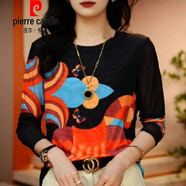 皮爾卡丹（pierre cardin）長(cháng)袖印花t恤女2025新款感洋氣修身顯瘦內搭網(wǎng)紗打底小衫上衣針織 177拼色小馬(圓領(lǐng)) 4XL 建議120-130斤