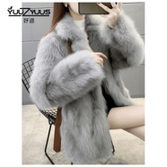妤遇（YUUZYUUS）品牌女裝皮草外套女2025冬季新款狐貍毛中長(cháng)款收腰顯瘦大衣 銀灰色 XL