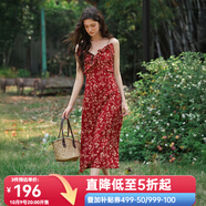 Olrain歐芮兒吊帶碎花連衣裙夏季女裝浪漫優(yōu)雅長裙子度假沙灘裙 紅色印花 S