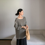 佐墨（ZUMU ZM）Zma慵懶風(fēng)格孕婦裝初秋新款條紋長(cháng)袖冰絲針織孕婦臀裙 杏黑針織衫 L