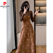 皮爾卡丹法式絲絨吊帶裙兩件套秋季連衣裙穿搭套裝女背心裙高級感2025新款 咖色毛衣+咖色吊帶裙 S 【80-95斤】