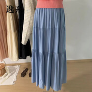 逸系千層慕斯裙2025夏季彩色天絲棉拼接餅裙彈力腰大擺裙雪紡裙新潮 藍色 均碼 80-145斤