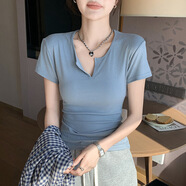 8710夏新款韓版氣質(zhì)半開(kāi)領(lǐng)修身短袖T恤女小個(gè)子休閑百搭短款上衣 藍色 M