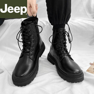 JEEP吉普男鞋秋季2025年新款潮流高筒英倫馬丁靴機車(chē)冬季工裝皮鞋加絨 黑色 39