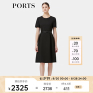 PORTS寶姿春季新品女裝優(yōu)雅純色通勤腰帶裝飾束腰短袖連衣裙 黑色-1 XL (10)