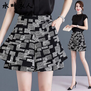 水畔衣人高檔冰絲闊腿褲夏季新款格子雪紡短褲女款褲子顯瘦a字五分褲裙褲 銀色 XL 建議111-120斤