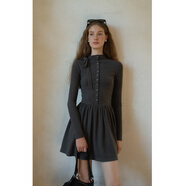 EGGKA法式小立領(lǐng)綁帶灰色連衣裙女修身顯瘦長(cháng)袖打底裙a字短裙秋冬內搭 灰色 L