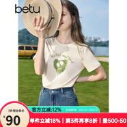 百圖betu女裝夏新款T恤簡約字母印花珍珠蝴蝶結(jié)短袖T恤女2307T25 淺杏色 S
