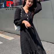 皮爾卡丹（pierre cardin）秋季新.品赫本法式白裙長袖連衣裙女收氣質(zhì)顯瘦中長款仙女裙子 黑色今年流行的輕奢品牌 S 建議90以內(nèi)