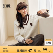 森馬毛衣女撞色V領(lǐng)寬松落肩文藝冬季潮流字母絞花上衣復古學(xué)院風(fēng) 白色調00311 L 165/88A
