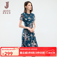 經(jīng)典故事經(jīng)典故事新款雪紡印花簡約翻領(lǐng)短袖連衣裙修身褶皺收腰擺裙 M53藍(lán)色花 S