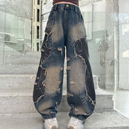 雷姆汀女童春秋牛仔褲2025新款秋季闊腿褲童裝小女孩秋裝直筒褲兒童褲子 復古色小貝貓 25162 復古補丁牛仔褲 120 建議身高【112-120】重40斤左右