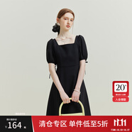 范思藍(lán)恩夏季氣質(zhì)拼接方領(lǐng)連衣裙夏季新款純色高腰顯瘦女裙泡泡袖裙子短款 黑色 XS
