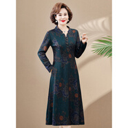媽媽裝連衣裙長(cháng)袖洋氣新款春秋季60歲長(cháng)裙子50高貴大碼中老年女裝 綠色 2XL 【建議110-125斤】