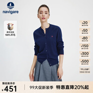 Navigare意大利小帆船毛衣外套女士秋冬款純羊毛圓領(lǐng)羊毛衫氣質(zhì)針織開衫 藏青 M