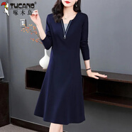 啄木鳥（TUCANO）2025年春秋新款女士連衣裙撞色拼接v領(lǐng)顯瘦遮肉大碼女裝長袖裙子 寶藍(lán)色 L 建議90-115斤