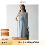 INSISFEMME棉質(zhì)2025夏季款前后兩穿蛋形長(cháng)裙無(wú)袖塔克褶連衣裙女 冰島藍 L