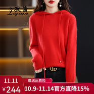 孜茜 秋冬新款女連帽羊毛衫韓版寬松100%純羊毛加厚毛衣外穿慵懶范針織衫 大紅色 S