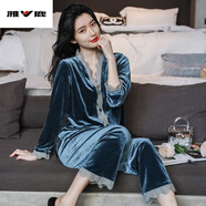 雅鹿金絲絨睡衣女春秋性感長(cháng)袖套裝色蕾絲韓國開(kāi)衫冬季家居服兩件套 789 藍灰 L碼 建議體重100-120斤