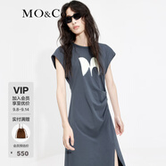 MO&Co.印花小飛袖高腰捏褶不規(guī)則開叉小眾氣質(zhì)連衣裙女摩安珂 鋼灰色-第2批 XS 155