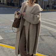 tromlfz中長(cháng)款寬松慵懶風(fēng)連帽毛衣外套女韓版純色復古圈圈紗針織開(kāi)衫大衣 米杏色 均碼