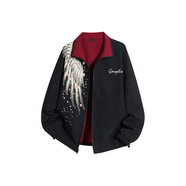 昭迅滿(mǎn)天星外套兩面穿高街櫻花羽毛翅膀字母Logo短款翻領(lǐng)夾克外套男女 酒紅色 M