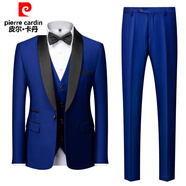 皮爾卡丹（pierre cardin）西服男套裝修身休閑英倫職業(yè)裝小西裝純色外套新郎結婚禮服六件套 西服6件套寶藍色 襯衫偏小默認大一碼