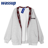 WASSUP美式格子拉鏈開(kāi)衫連帽衛衣外套春秋男女純棉情侶國潮外穿潮 100 好評 淺灰印黑【加絨款】480克1 M  免費試穿