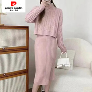 皮爾卡丹（pierre cardin）加厚麻花套裝毛衣秋冬新款溫柔2025淑女半高領(lǐng)針織短款連衣兩件套 粉色加厚兩件套 S