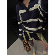 復古條紋加厚毛衣外搭上衣女韓國秋冬寬松針織衫短褲兩件套 藏青色 均碼