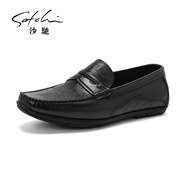 沙馳（SATCHI）男鞋牛皮新款豆豆鞋套腳商務(wù)皮鞋時(shí)尚壓紋休閑皮鞋 黑灰色（1AXVB4276） 40
