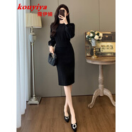 蔻伊婭（Kouyiya）品牌女裝新品黑色小香風(fēng)連衣裙女秋冬季2025新款小個(gè)子收腰高級感 黑灰 S