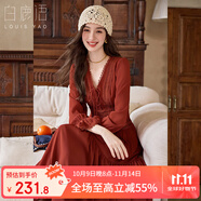 白鹿語優(yōu)雅V領(lǐng)蕾絲花邊連衣裙2025秋季新款拼接系帶氣質(zhì)長裙 焦糖紅 S