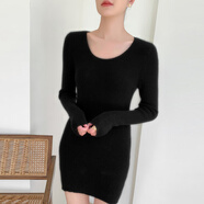 純鄂（CHUNE）鄂爾多斯市產(chǎn)輕奢U領(lǐng)山羊絨連衣裙女秋冬新款套頭長(cháng)袖中長(cháng)款修身 純黑色 2XL