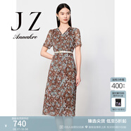 玖姿·安娜蔻【草目系列】印花圍裹式收腰雪紡連衣裙女春款 花棕色 3XL