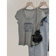 女裝上衣夏裝灰色低u領(lǐng)薄款美式復古短袖t恤女2025夏季新款寬松顯 灰色-字母小豬 【大領(lǐng)口 露鎖骨 性感 純欲 辣妹 S 推薦（80-100斤b