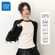 真維斯女裝2025春季新款短款收腰修身圓領(lǐng)撞色拼接插肩長袖T恤G2 黑色拼白色8010 版型偏小 建議拍大一碼 均碼